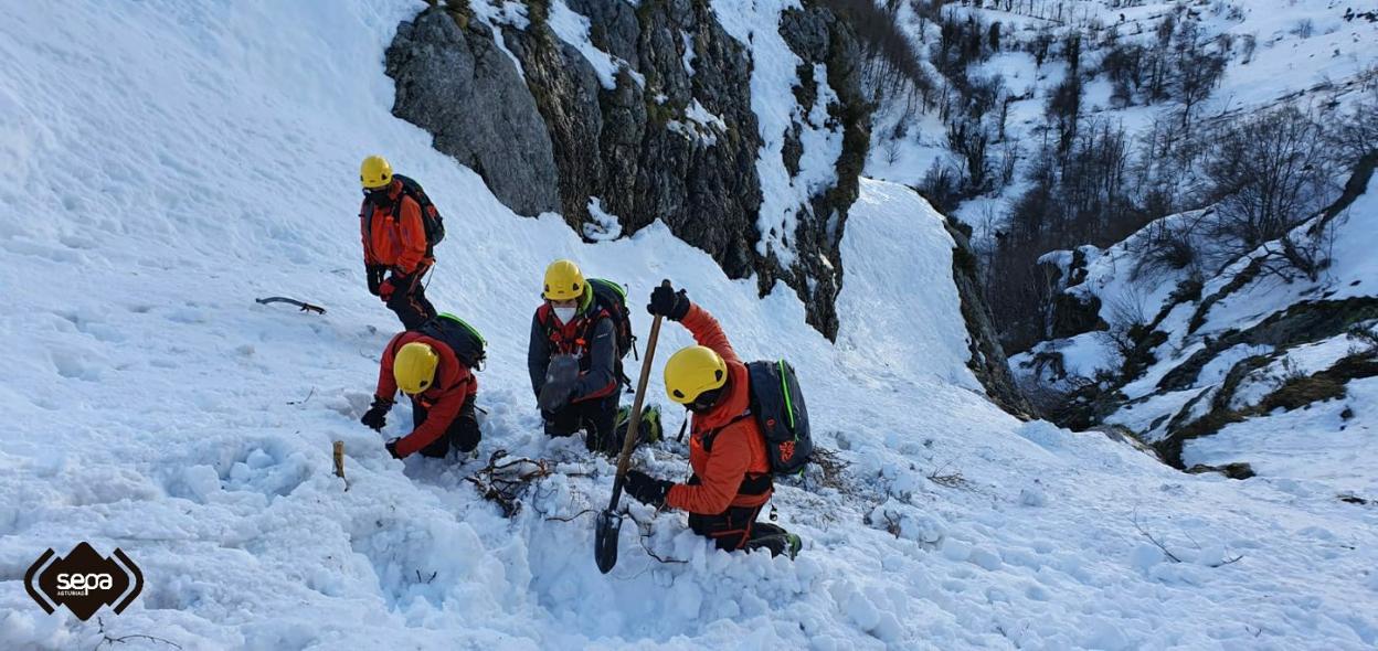 Rescatadores palean nieve en la pendiente del alud, en San Isidro. 