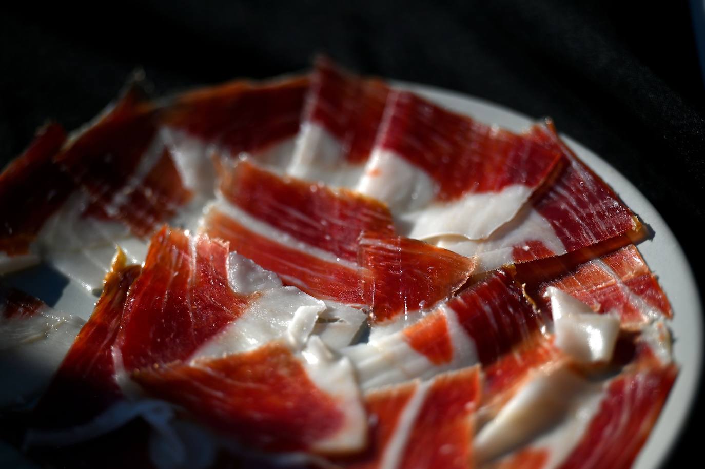 El jamón ibérico es el nombre que se da exclusivamente a los jamones procedentes del cerdo ibérico, o raza negra ibérica. El secreto de su sabor se debe a la dieta de bellotas de los cerdos. Los animales de las imágenes se alimentan en un amplio campo verde en Membrio, cerca de Cáceres. 