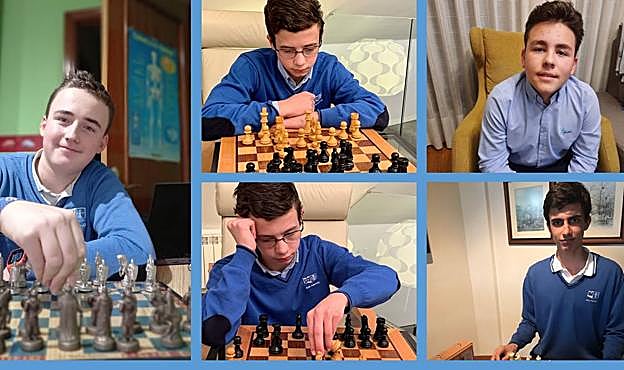 Los alumnos de Educación Secundaria Fernando González, Vicente López y Héctor Álvarez, arriba, y Marcos López y Jorge Arias, debajo.