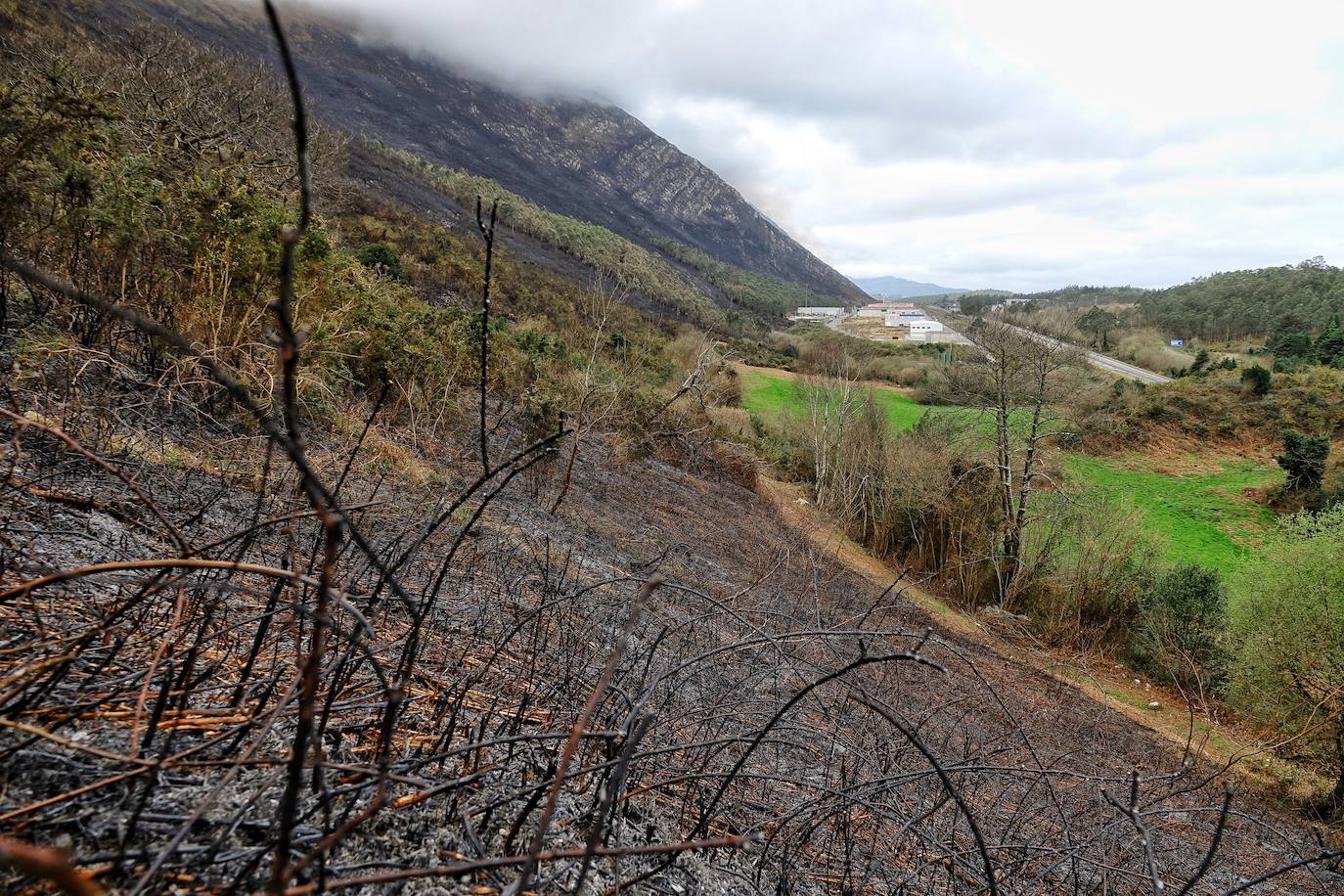 El incendio originado el viernes entre Llanes y Ribadesella, aún con focos activos, provocó ayer una noche de terror en el polígono de Guadamía. Las llamas llegaron hasta el mismo límite del área industrial, donde los propietarios de las naves colindantes a la ladera vivieron momentos de «mucho miedo».