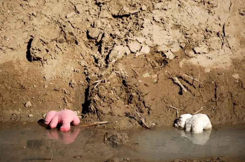 Osos de peluche pertenecientes a niñas migrantes son vistos en el río Bravo después de que cruzaron a El Paso, Texas, Estados Unidos, para entregarse y solicitar asilo, visto desde Ciudad Juárez.