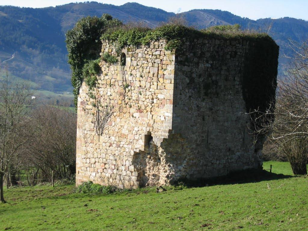 Torreón de Ludeña, en Piloña. En ruinas y cubierta por vegetación. Falta casi por completo la fachada norte y muchos sillares.