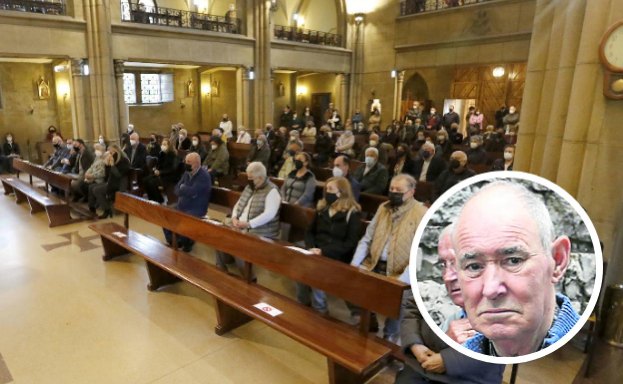 Los familiares de Isidoro Cortina, en los primeros bancos, frente al ataúd. Abajo, a la derecha, una imagen del ex jefe de la Policía Local de Gijón.