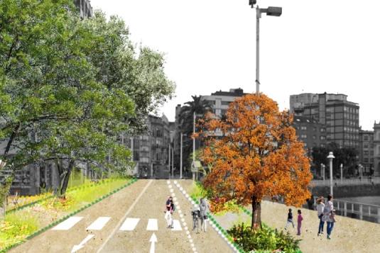 'Entre verde y azul' contempla “el ajardinamiento de todo el paseo y la creación de un nuevo parque y escenario urbano en su zona oeste”. Presume de “un mínimo impacto ambiental y económico” al tiempo que garantiza “la proximidad a la red ciclista y la red de transporte público”.