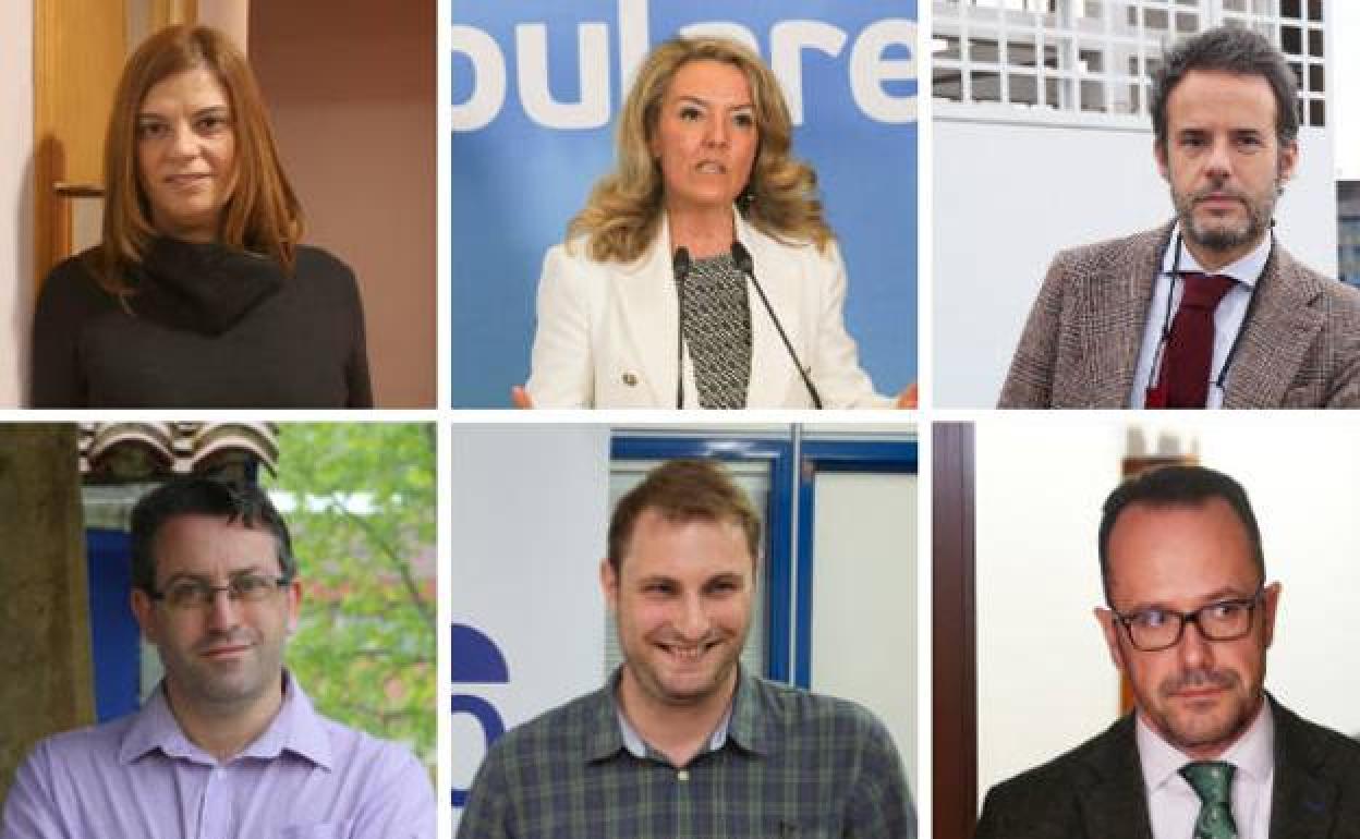 Arriba, de izquierda a derecha: Gimena Llamedo (PSOE),Teresa Mallada (PP), Nacho Cuesta (Ciudadanos). Abajo, Rogelio Crespo (Podemos), Adrián Pumares (Foro) e Ignacio Blanco (Vox).