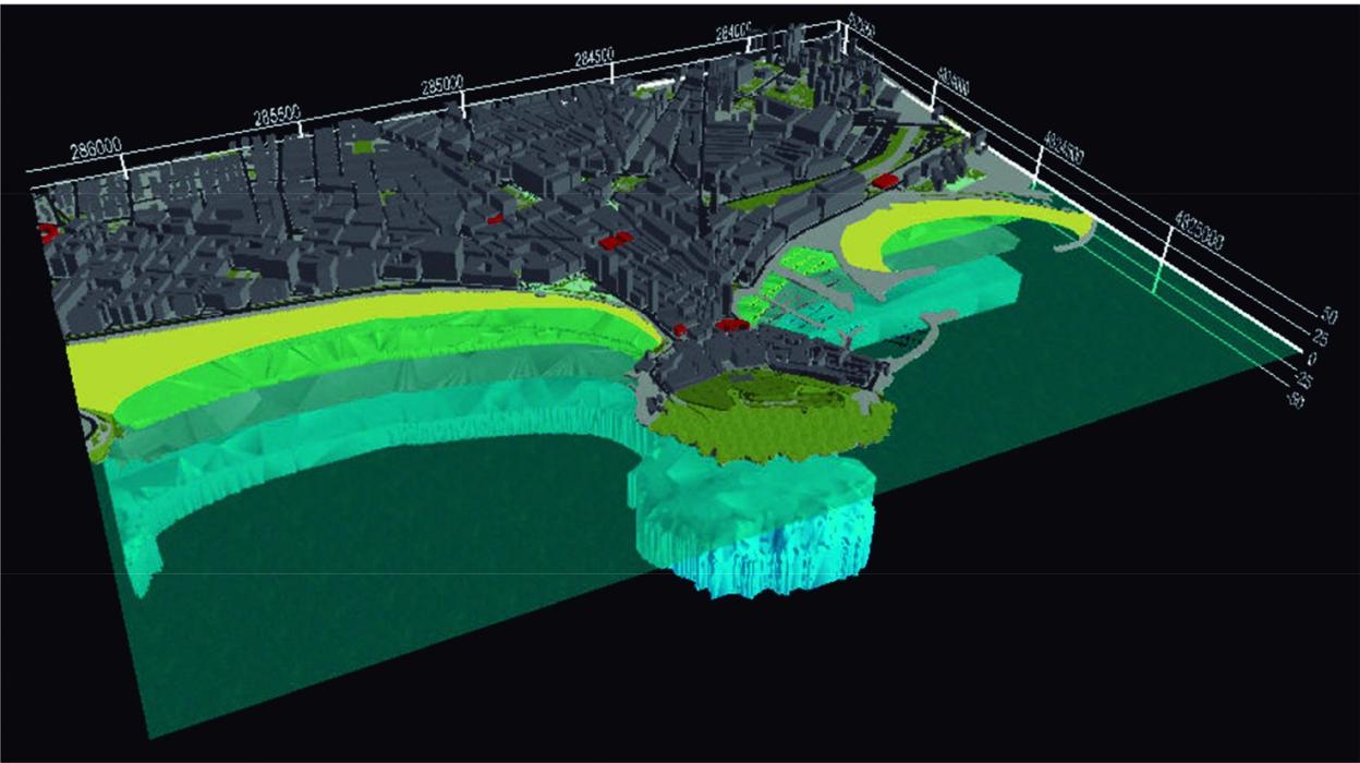 Figura en 3D. De abajo a arriba: nivel freático, caliza y arriba los depósitos litorales. 