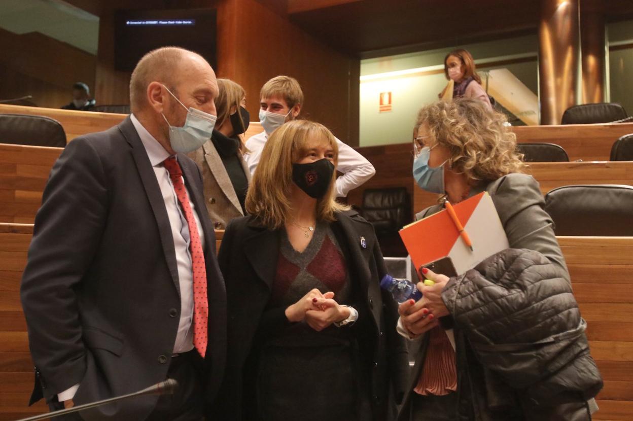 El vicepresidente Juan Cofiño, con la consejera Ana Cárcaba, la portavoz de Cs, Susana Fernández, y detrás el de Podemos, Dani Ripa. 