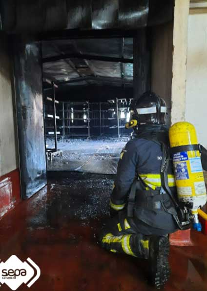 Efectivos de Bomberos del SEPA han sofocado un incendio declarado en la fábrica de embutidos La Pilarica, en Noreña. El fuego, que no ha causado daños personales, ha arrasado uno de los ahumaderos. 