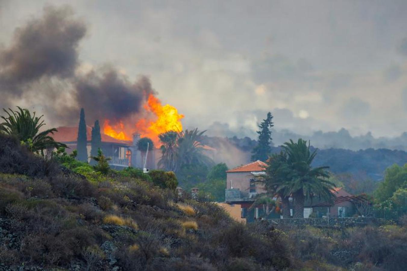 La colada de lava provocada por la erupción del volcán de Cumbre Vieja avanza arranso casas y cultivos.