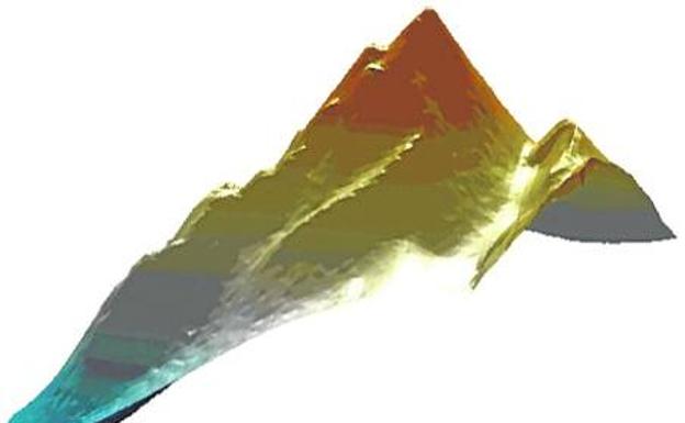 En 3D.  Perfil del volcán Tagoro, que tiene una altura desde la base de 370 metros, como un rascacielos de 90 plantas.Su pico está a 89 metros de la superficie.  