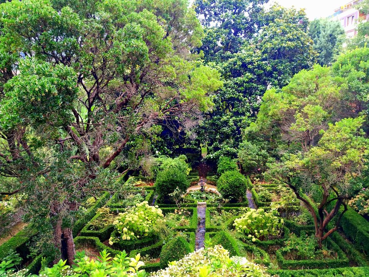 Vista cenital del jardín decimonónico francés desde el balcón corrido del palacete. Entre los árboles destacan los magnolios y el madroño. 