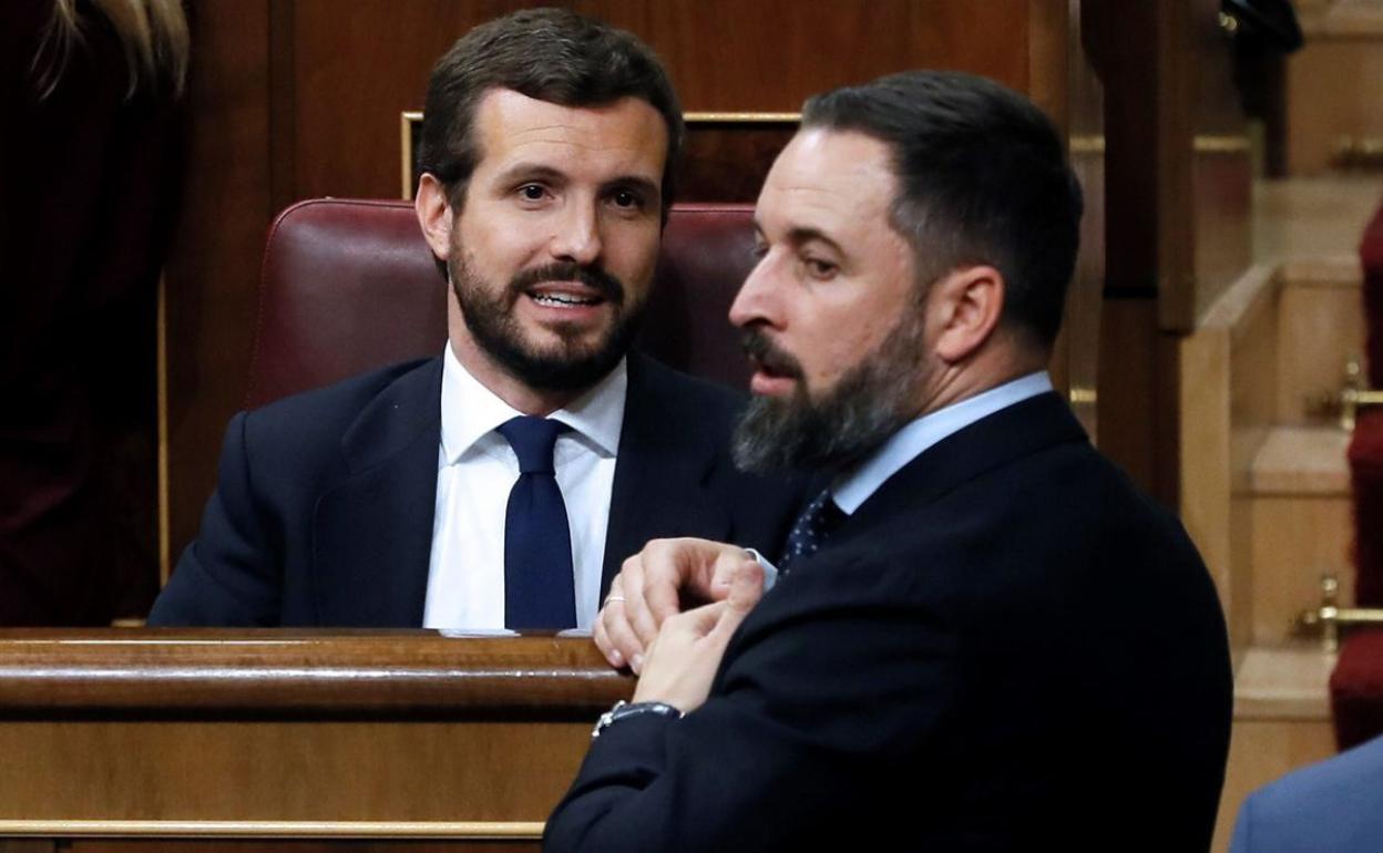 El presidente del Partido Popular, Pablo Casado, y el líder de Vox, Santiago Abascal.