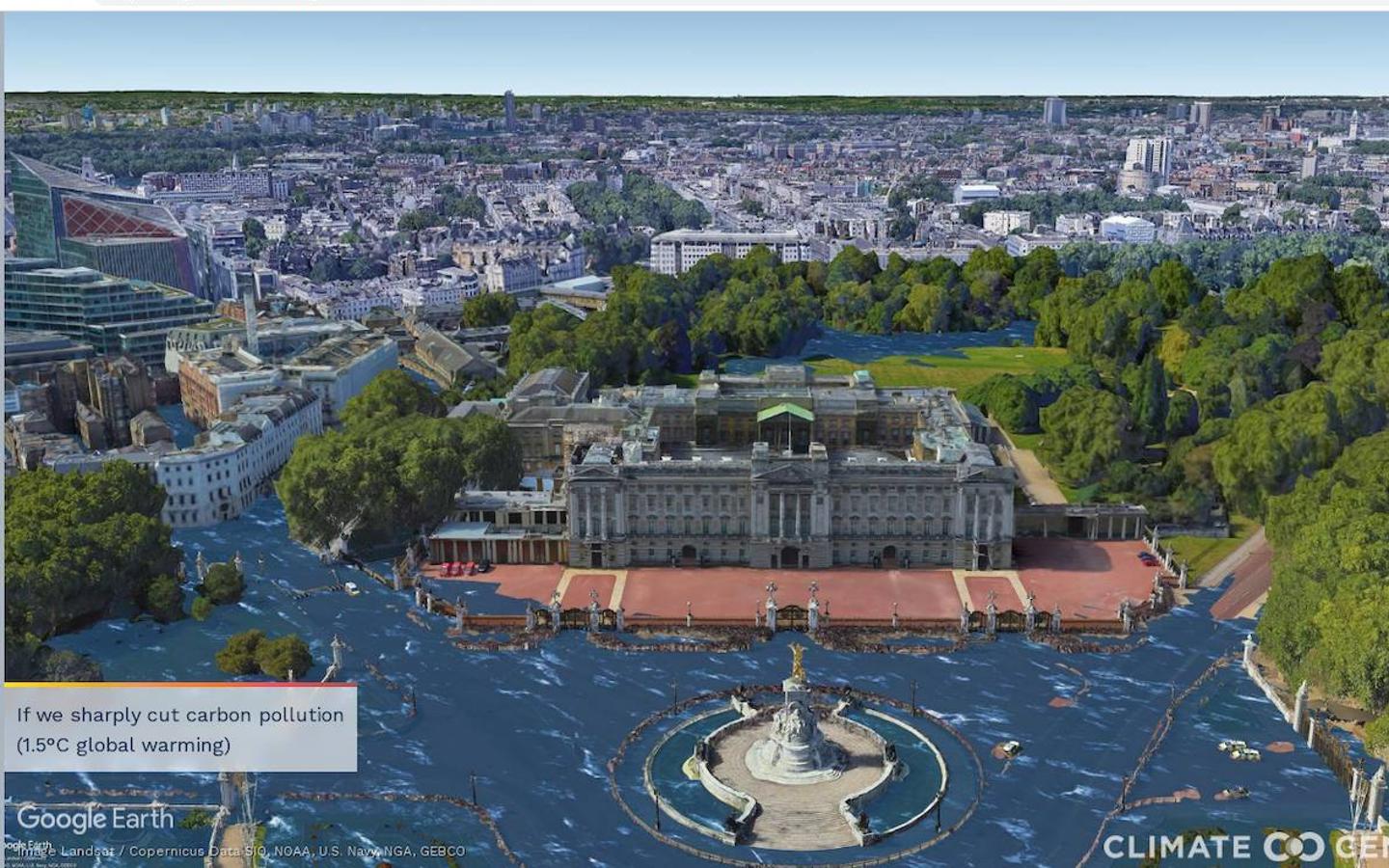 Climate Central publica una serie de ilustraciones fotorrealistas de 50 ciudades con las consecuencias del calentamiento global durante varios siglos si no se frena el cambio climático. Buckingham Palace (Londres)