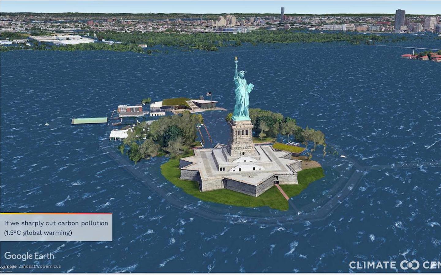 Climate Central publica una serie de ilustraciones fotorrealistas de 50 ciudades con las consecuencias del calentamiento global durante varios siglos si no se frena el cambio climático. La Estatua de la Libertad (Nueva York)