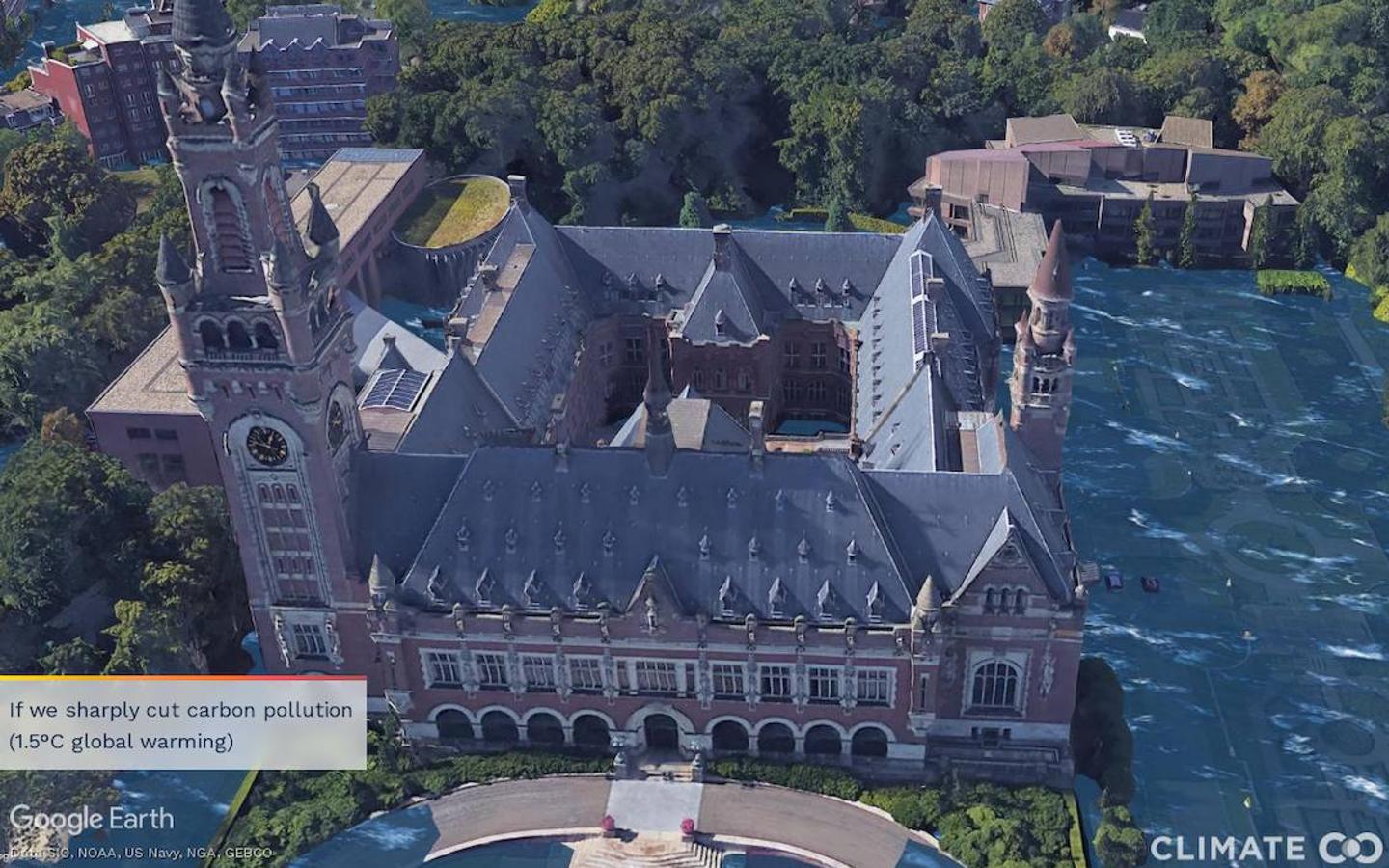 Climate Central publica una serie de ilustraciones fotorrealistas de 50 ciudades con las consecuencias del calentamiento global durante varios siglos si no se frena el cambio climático. Peace Palace (La Haya, Países Bajos)