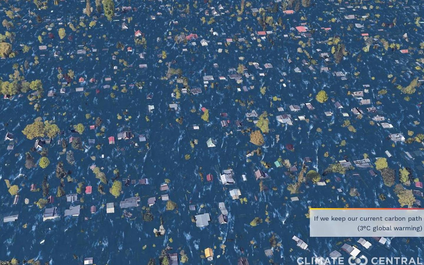 Climate Central publica una serie de ilustraciones fotorrealistas de 50 ciudades con las consecuencias del calentamiento global durante varios siglos si no se frena el cambio climático. Rothenburgsort (Hamburgo, Alemania)