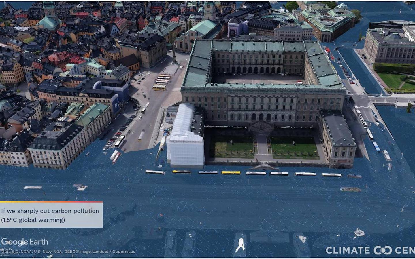 Climate Central publica una serie de ilustraciones fotorrealistas de 50 ciudades con las consecuencias del calentamiento global durante varios siglos si no se frena el cambio climático. The Royal Palace (Estocolmo)