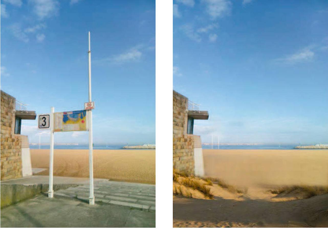 La propuesta ' Foment On' ha sido la ganadora del concurso de ideas para la reforma del paseo marítimo que va de la punta Lequerica a la playa de Poniente, en Gijón. No obstante, la propuesta ganadora no se sacará tal cual a licitación, sino que la intervención municipal beberá de ideas de varios de los 13 proyectos presentados En la imagen, el acceso a la playa de Poniente. A la izquierda, el estado actual. A la derecha, la propuesta 