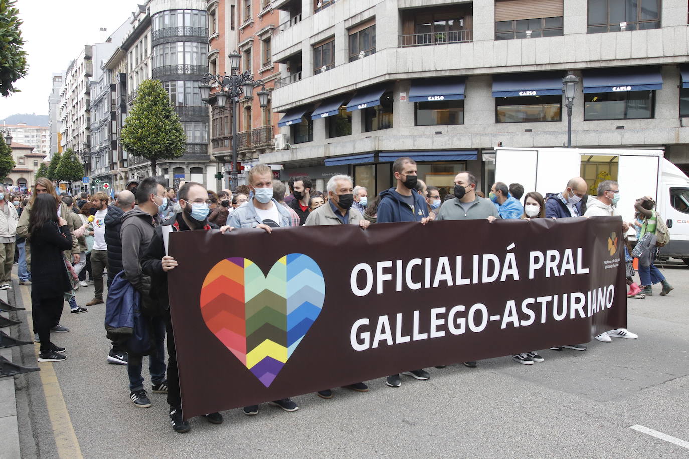 Miles de personas recorren el centro de Oviedo en la concentración por la oficialidad de la llingua. 