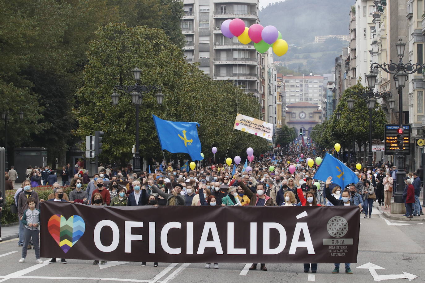 Miles de personas recorren el centro de Oviedo en la concentración por la oficialidad de la llingua. 