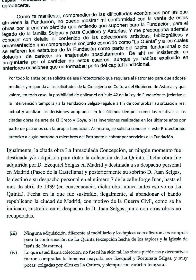 Arriba, dos de los mensajes enviados por Berta Piñán al presidente de la Fundación Selgas-Fagalde y al protectorado de Fundaciones, pidiendo su intervención. Debajo, respuestas al Principado de Peña Varona. 