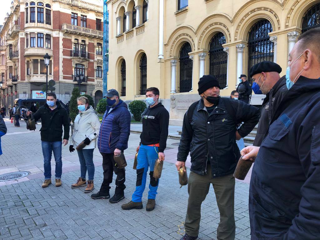 Representantes del colectivo 'Asturias Ganadera' se han manifestado este viernes ante las sedes de Presidencia del Principado y Delegación del Gobierno en Asturias para pedir «diálogo» al Ejecutivo del socialista Adrián Barbón y exigir el «cese» de la delegada del Gobierno, Delia Losa, a la que acusan de «represora»