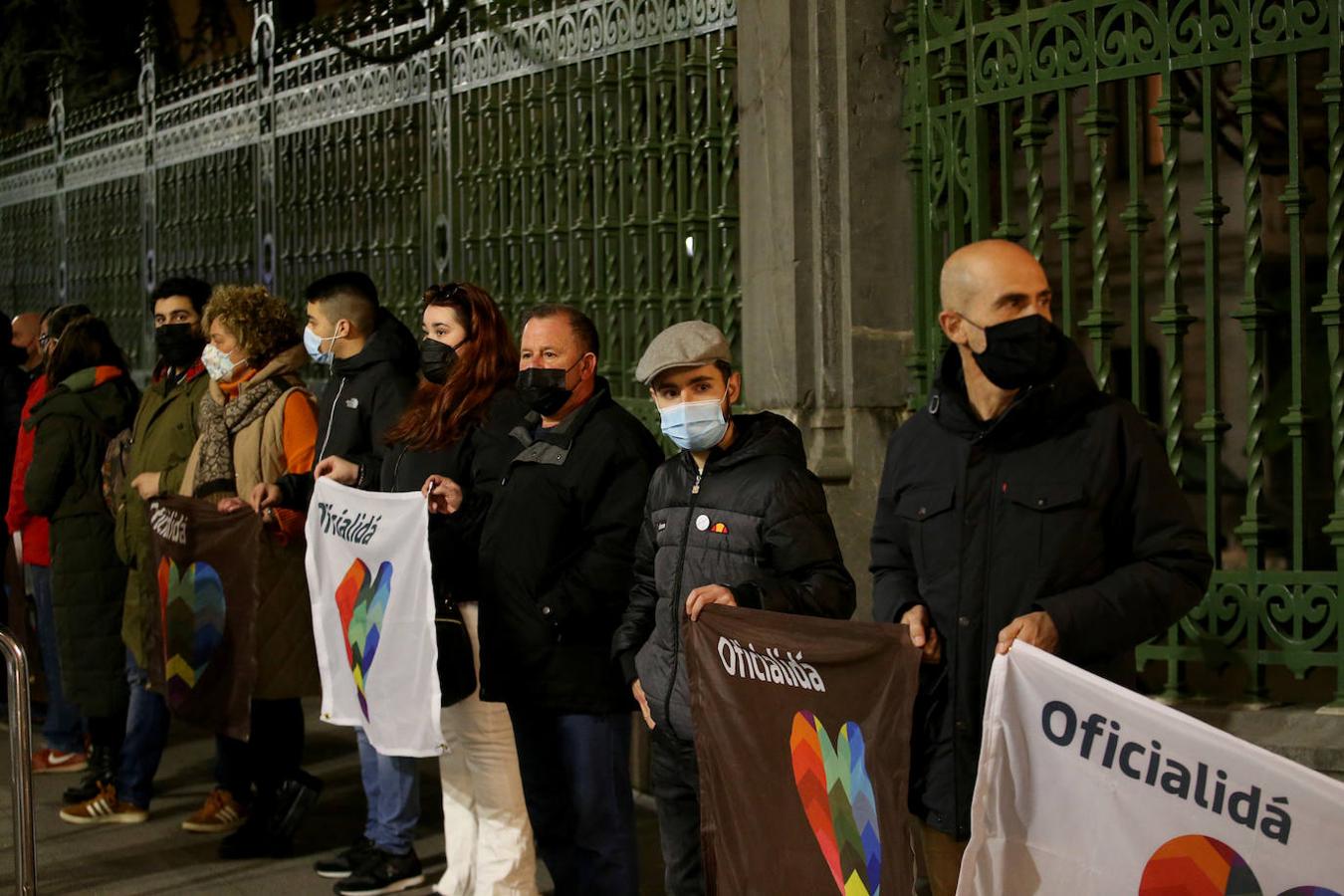 Multitud de manifestantes proclamaron su posición a favor de la oficialidad del asturiano en los alrededores de la Junta General.