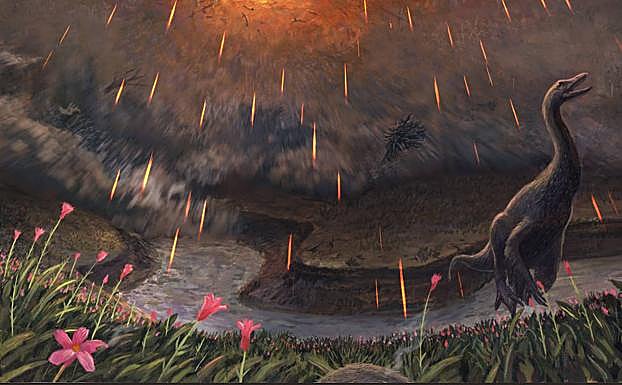 Recreación de los efectos del impacto del asteroide en el yacimiento de Tanis, actual Dakota del Norte.