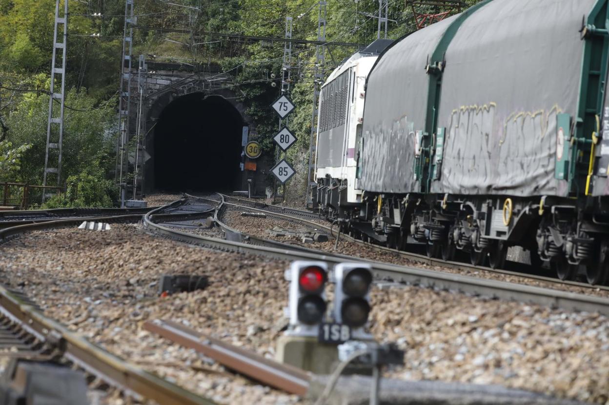 Un tren de mercancías entra en uno de los muchos túneles de la rampa ferroviaria de Pajares. 