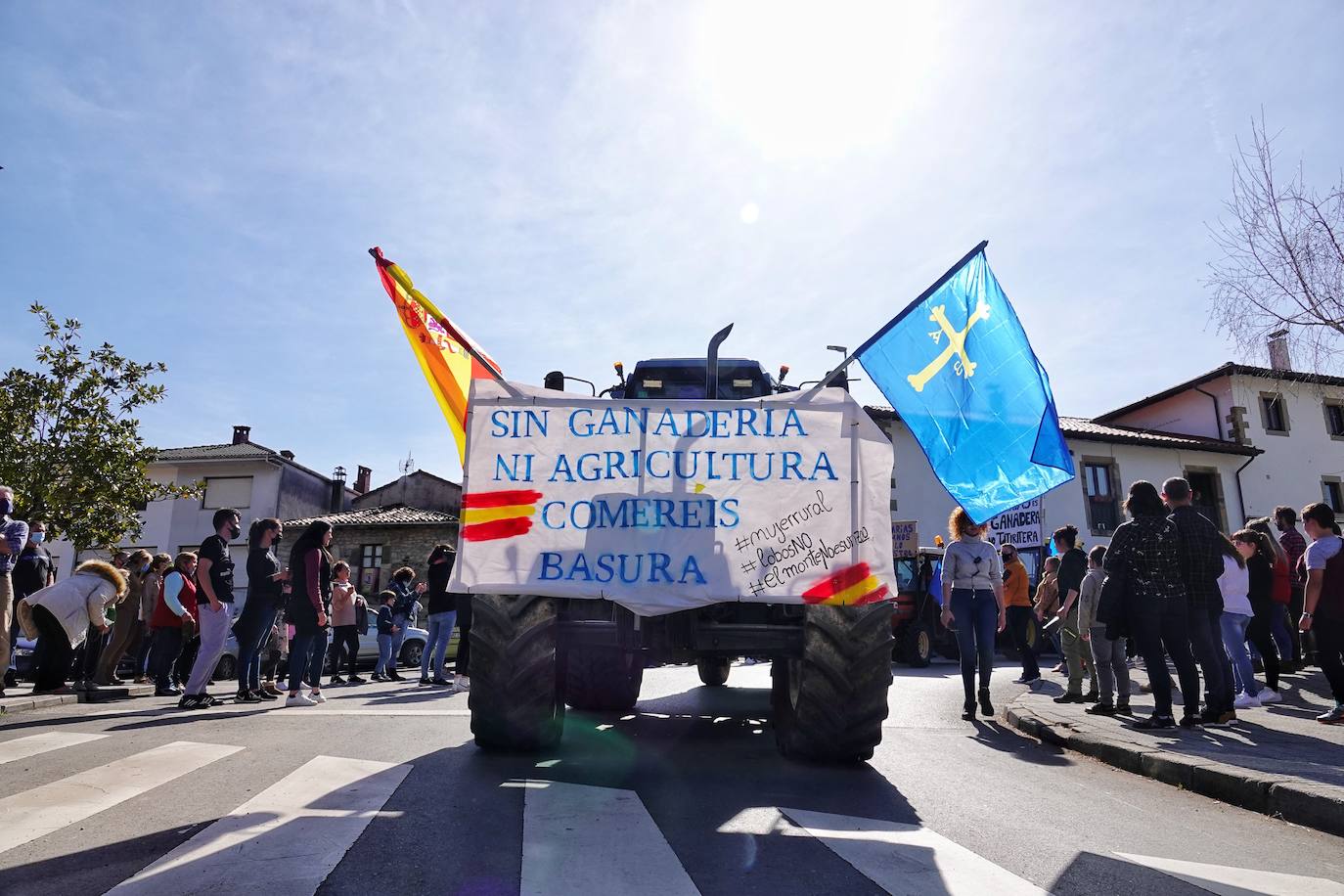 Una tractorada por el futuro de la ganadería y la agricultura en la comarca oriental de Asturias, convocada por la Asociación de Ganaderos y Agricultores del oriente de Asturias (Ganagri), recorrió este mediodía los 3,5 km que separan Suarías de Panes, capital de Peñamellera Baja por la carretera la carretera N-621