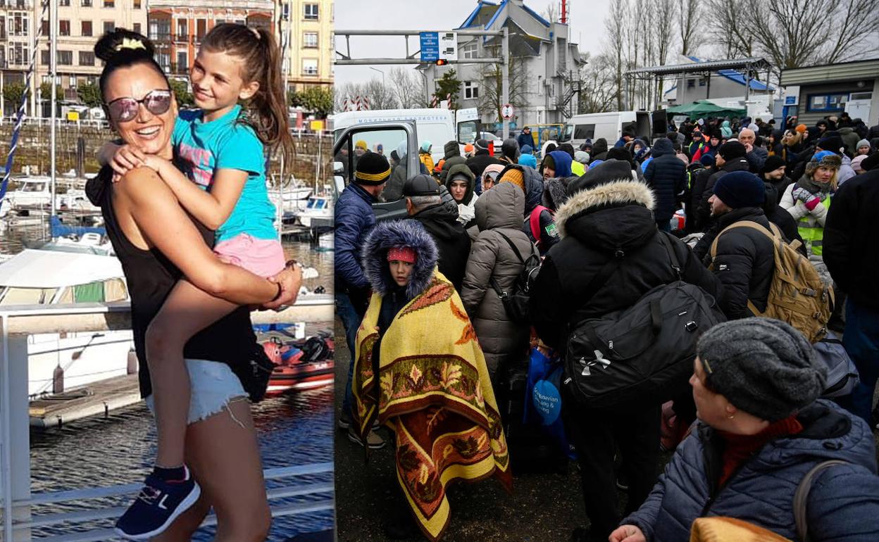 En la imagen general, refugiados ucranianos en la frontera moldava. A la izquierda, la pequeña Nikol Makarova, de 12 años, en brazos de Paula Parrondo, su madre de acogida asturiana, hace tres años durante una de sus estancias en Gijón.