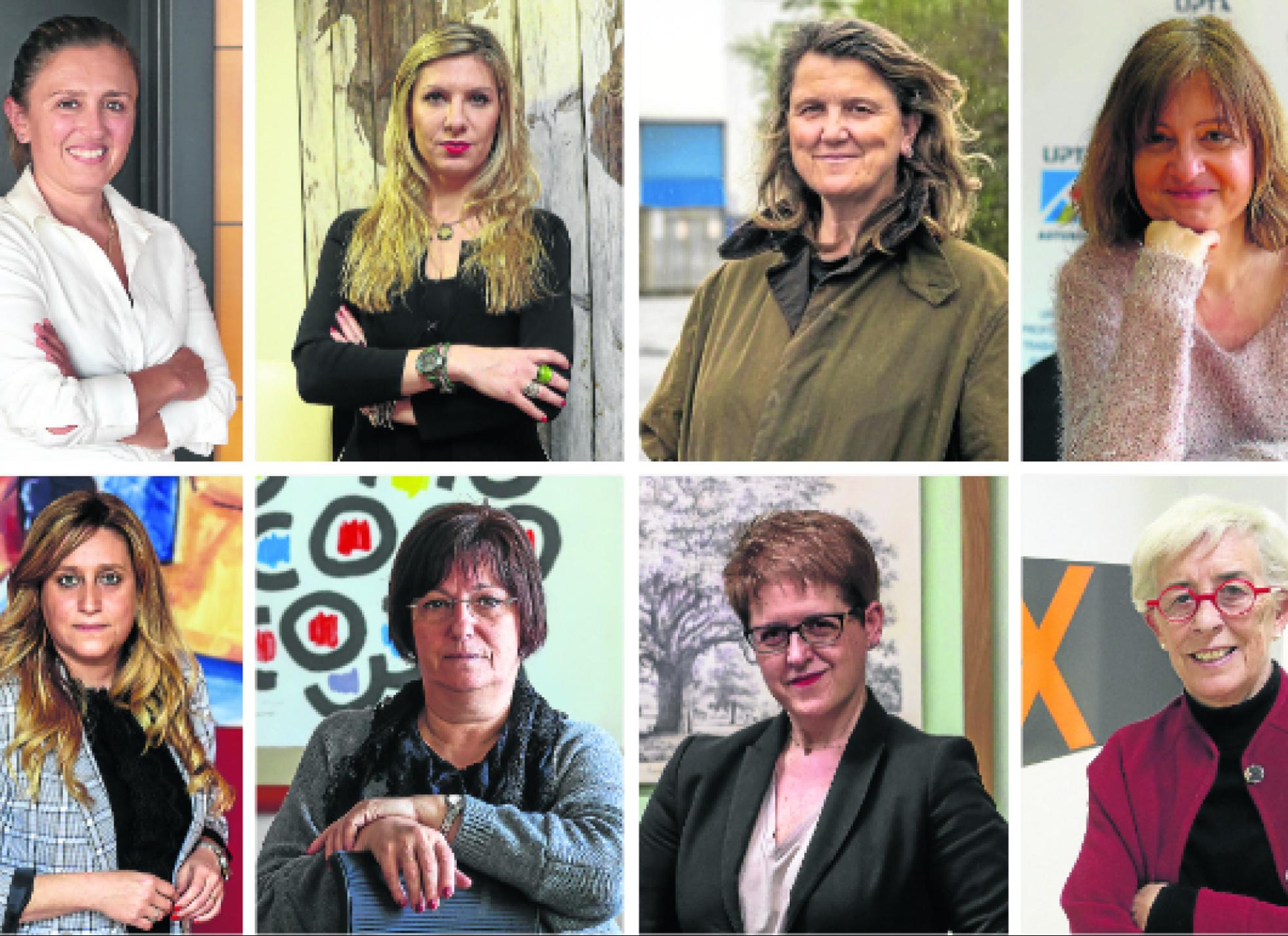 Líderes patronales y sindicales y ejecutivas, de izquierda a derecha: María Calvo, presidente de FADE; Begoña Fernández Costales, presidenta de FEDA; Patricia Oreña, presidenta de ATA Asturias; Almudena Cueto, responsable de UPTA en Asturias; Nerea Monroy, vicesecretaria general de UGT en Asturias; Verónica González, secretaria general de CC OO del Hábitar en Asturias; Julia López, directora de AEFAS y Teresa Vigón, directora general de Asturex.