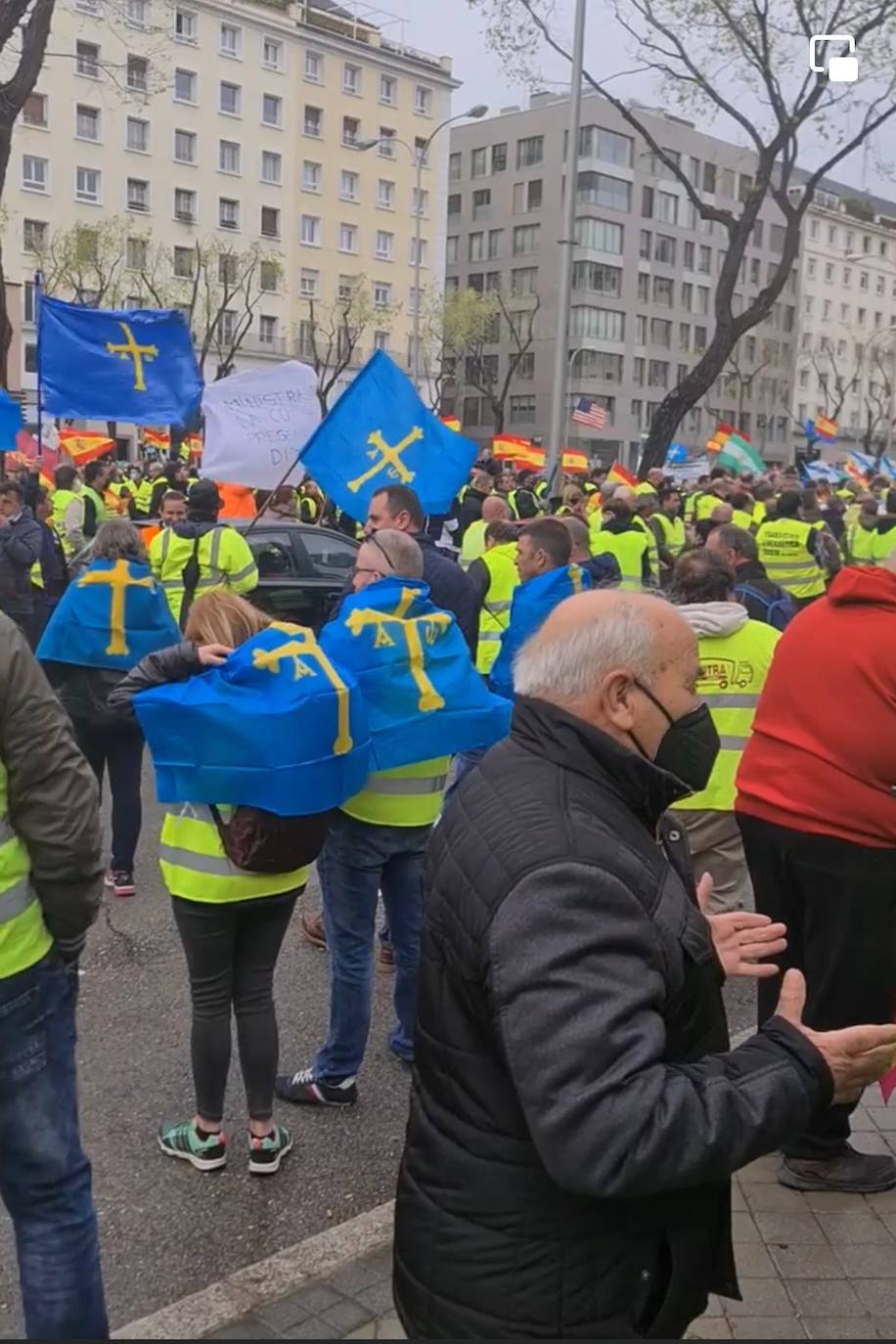 «Están eludiendo el problema de fondo, no estamos pidiendo subvenciones, sino unos precios garantizados para cubrir nuestros costes de explotación», señalan los transportistas, entre los que se encontraba un buen grupo de asturianos que se han trasladado a la capital para secundar la protesta. 