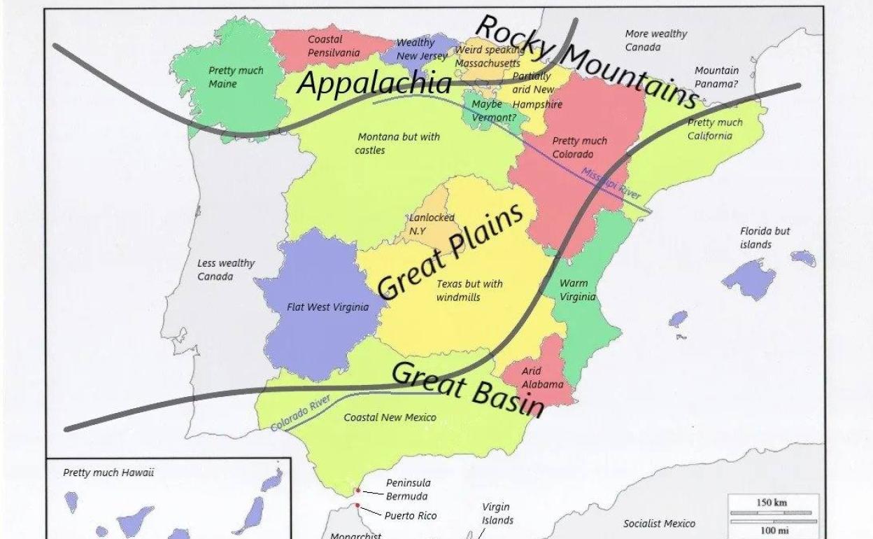 Mapa de España con los estados de EE UU elaborado por los usuarios de Reddit. 