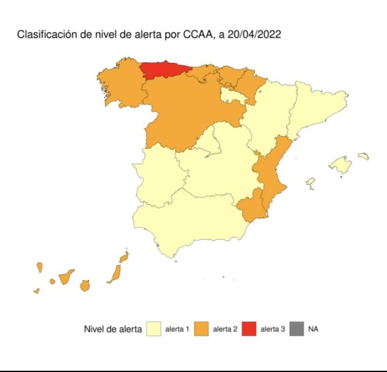 Clasificación de nivel de alerta por comunidades autónomas, a 20/04/2022. 