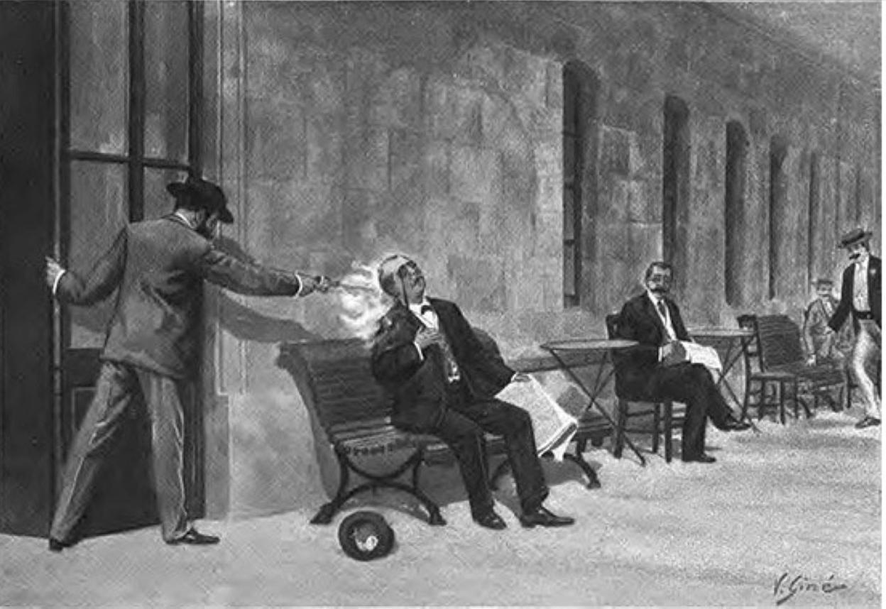 Grabado del momento del asesinato de Cánovas del Castillo.