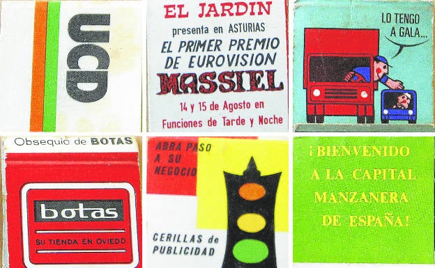 De las elecciones de 1977; cajita de fósforos de El Jardín; la prevención de riesgos, muy presente en las carteritas; los almacenes Botas; las propias cajitas propuestas como soporte publicitario; y el reclamo fosforero de Villaviciosa.