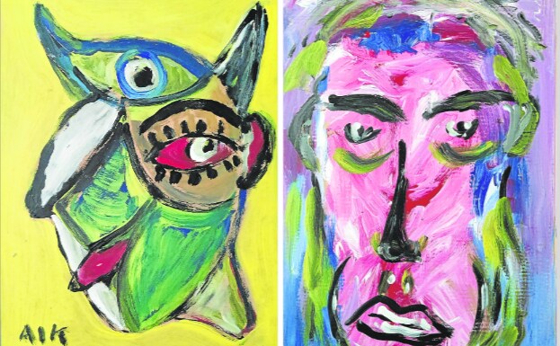 Dos obras de Aik, José Luis Montejo Canga, artista asturiano fallecido en 2017 que sufría trastorno bipolar. 