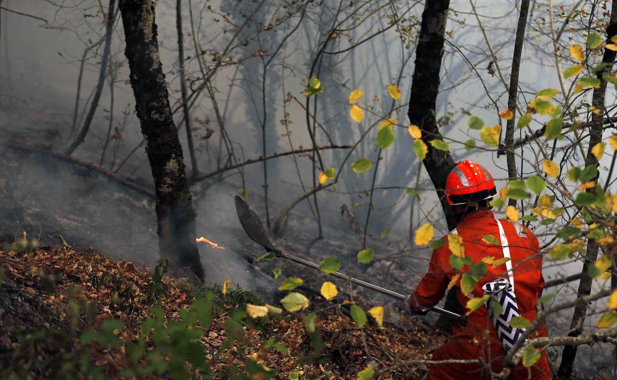 Imagen de archivo de un bombero en un incendio forestal de Asturias. 