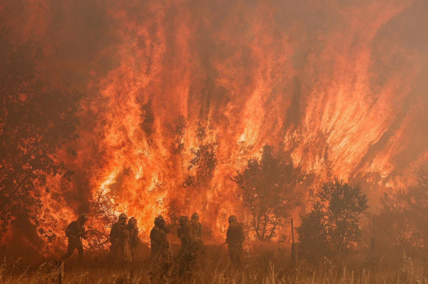 Bomberos en sus labores de extinción en un incendio forestal en la Sierra de la Culebra en Zamora. Fue uno de los incendios españoles más grandes de los últimos tiempos. 