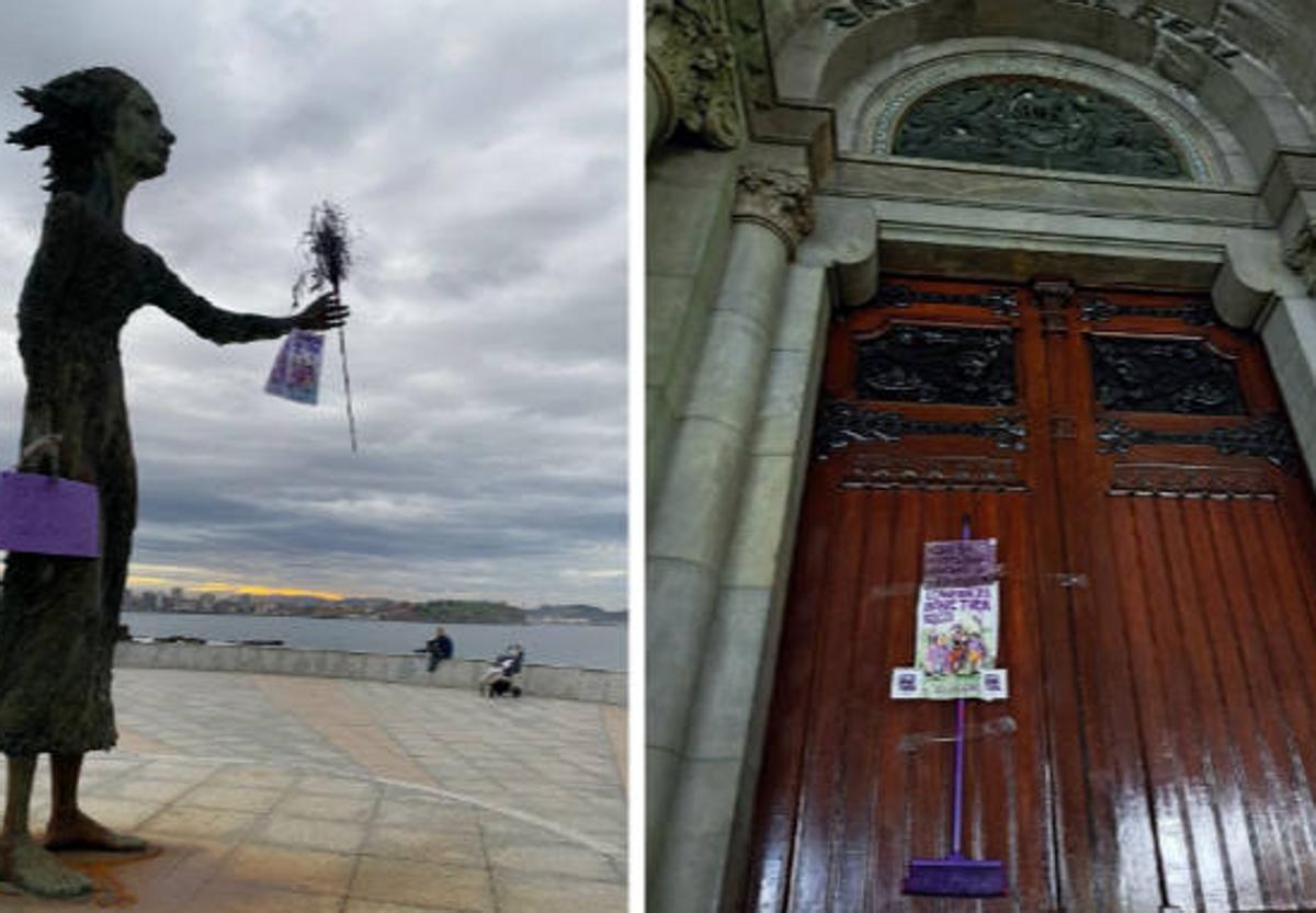 Escobas moradas colocadas en la Madre del Emigrante (Gijón) y la iglesia de San Juan el Real (Oviedo).