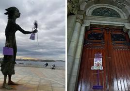 Escobas moradas colocadas en la Madre del Emigrante (Gijón) y la iglesia de San Juan el Real (Oviedo).