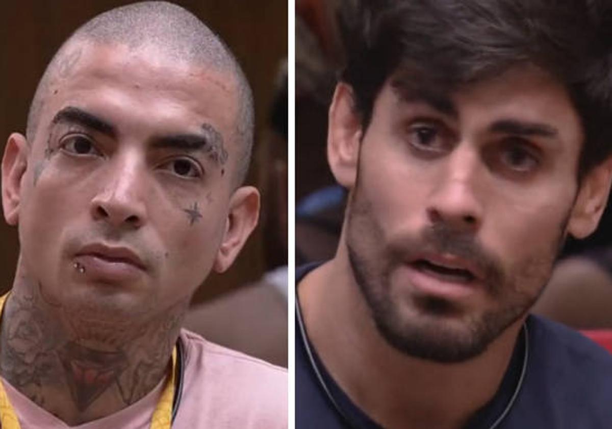 El luchador Antônio Carlos y el cantante Mc Guimê durante el anuncio de su expulsión por acoso sexual a una concursante de Gran Hermano Brasil.