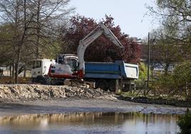 Una excavadora llena un camión de lodos, en el estanque grande del parque, para su traslado al vertedero autorizado de inertes.