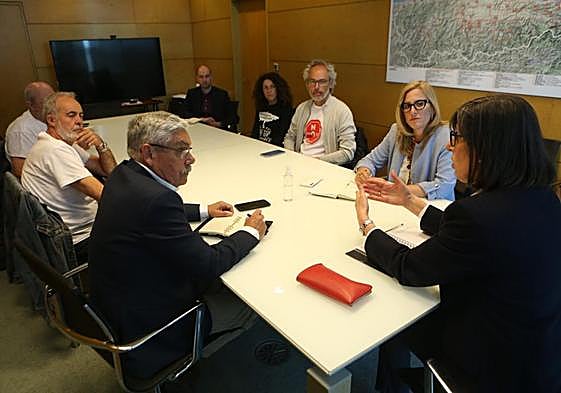 La viceconsejera de Medio Ambiente. Nieves Roqueñí (de espaldas) reunida con el PSOE, la FAV y la Plataforma contra la Contaminación.
