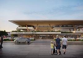 Fachada de la estación intermodal, donde aparece el nombre de Gijón-Moreda, con la reordenación de la avenida de acceso.