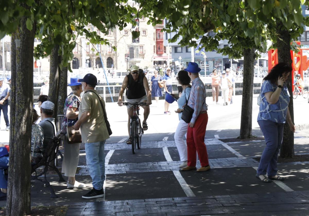 Un grupo de peatones a punto de cruzarse con un ciclista que circula por el carril bici de Fomento cerca de los Jardines de la Reina .