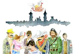 Ilustración realizada por Ángel de la Calle para el volumen, con Taibo y sus personajes rodeándole.