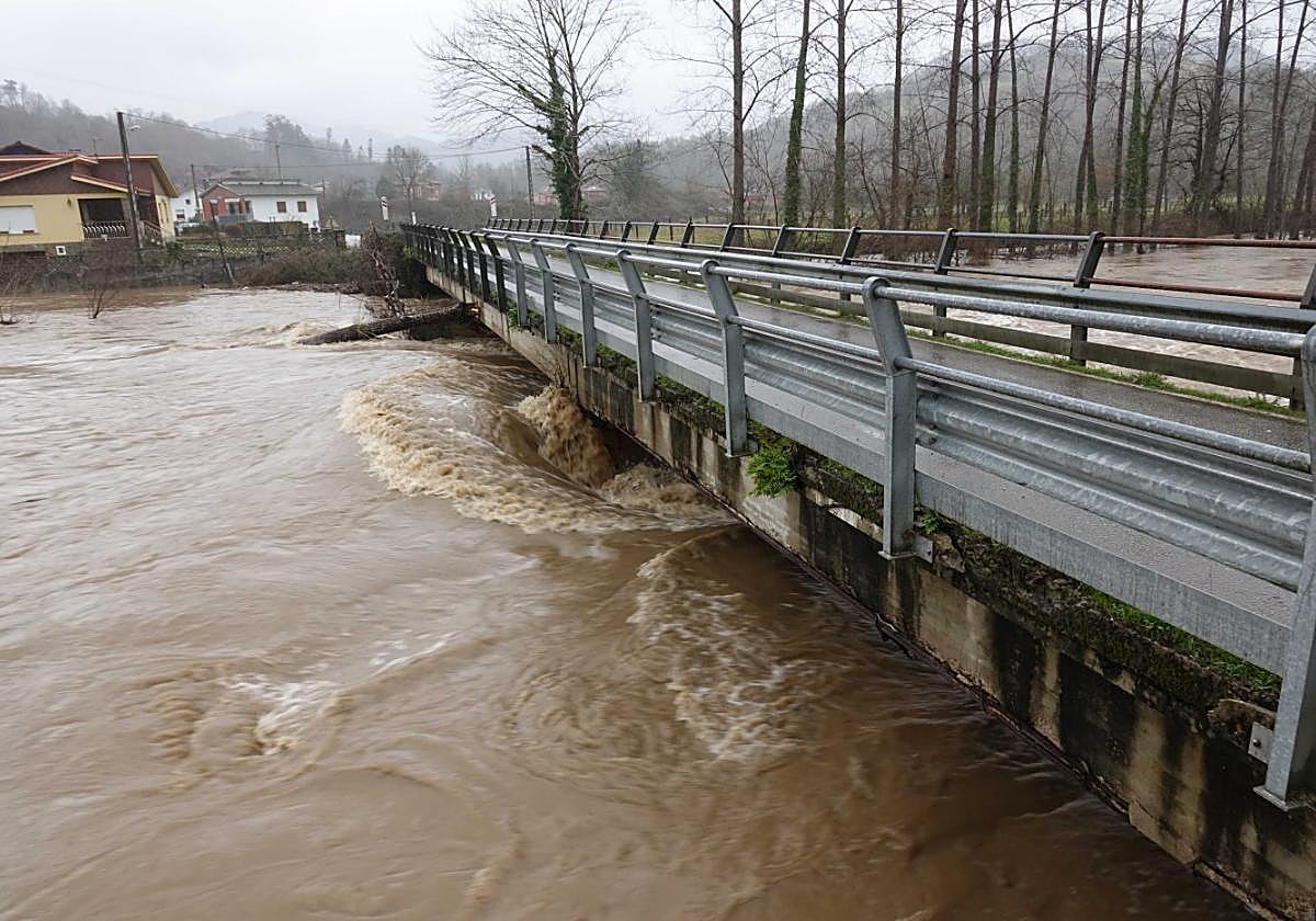 Agua al límite bajo un puente en Ozanes, en el concejo de Parres, uno de los que la Confederación incluye en los pasos en riesgo.