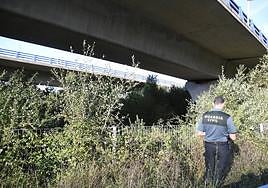 Un agente de la Guardia Civil, en el lugar donde hallaron al joven herido en una pierna.